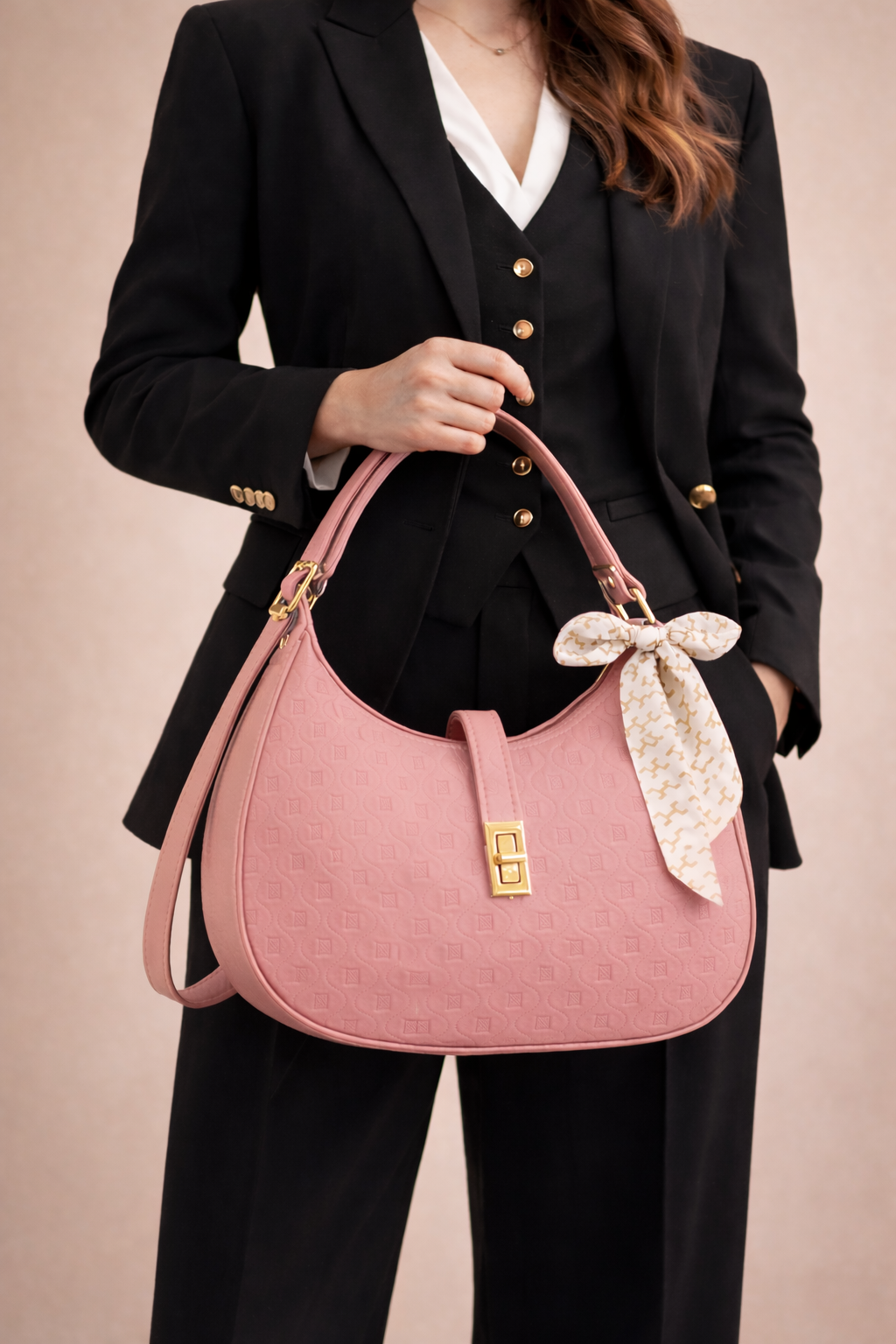 Elegant Moon Bag with Golden Accents and Stylish Scarf – The Ultimate Fashion Accessory