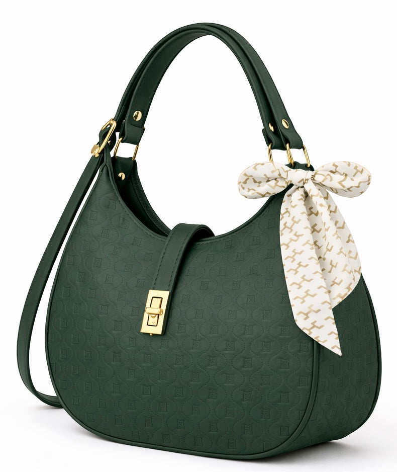 Elegant Moon Bag with Golden Accents and Stylish Scarf – The Ultimate Fashion Accessory
