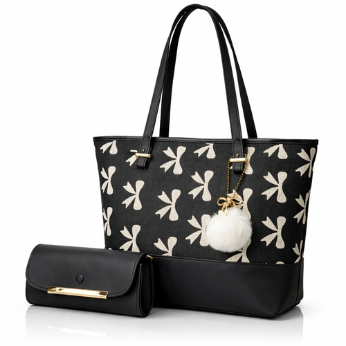 Chic Tote Bag with Bow Pattern & Stylish Gold Accents - Two-Piece Set