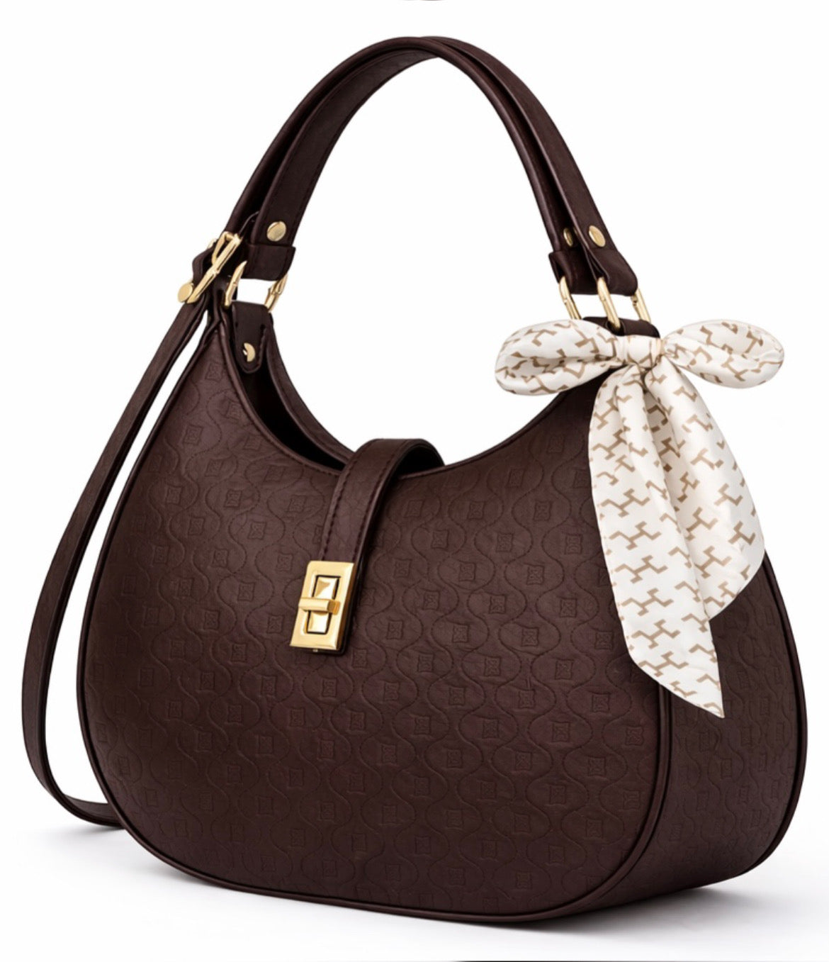 Elegant Moon Bag with Golden Accents and Stylish Scarf – The Ultimate Fashion Accessory