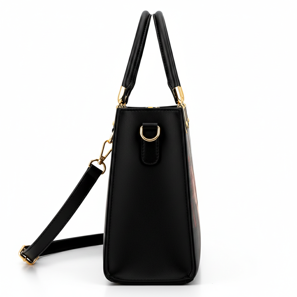 Black and Pink Handbag with Vintage Perfume Design – A Fashionable Statement Piece