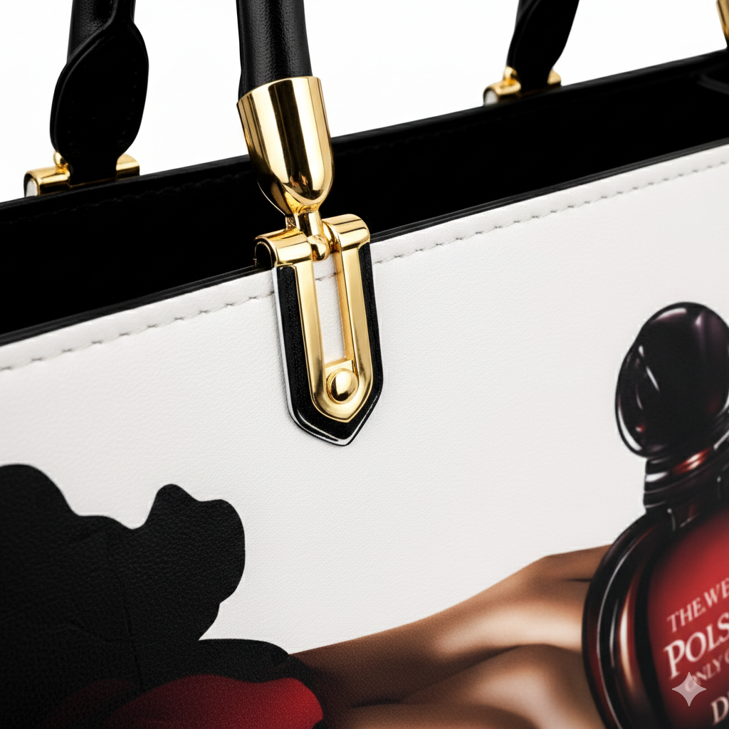 Black and Pink Handbag with Vintage Perfume Design – A Fashionable Statement Piece