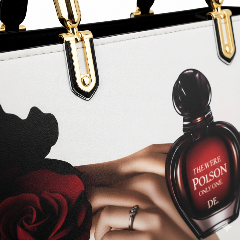 Black and Pink Handbag with Vintage Perfume Design – A Fashionable Statement Piece