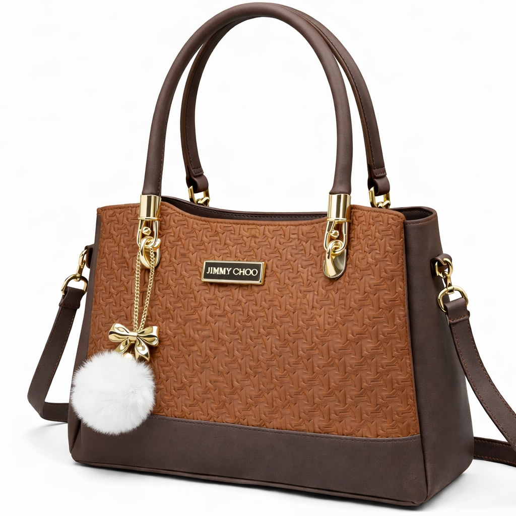 Elegant Designer Handbag with Gold Hardware & Pom-Pom Charm