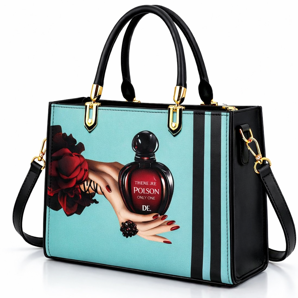 Black and Pink Handbag with Vintage Perfume Design – A Fashionable Statement Piece