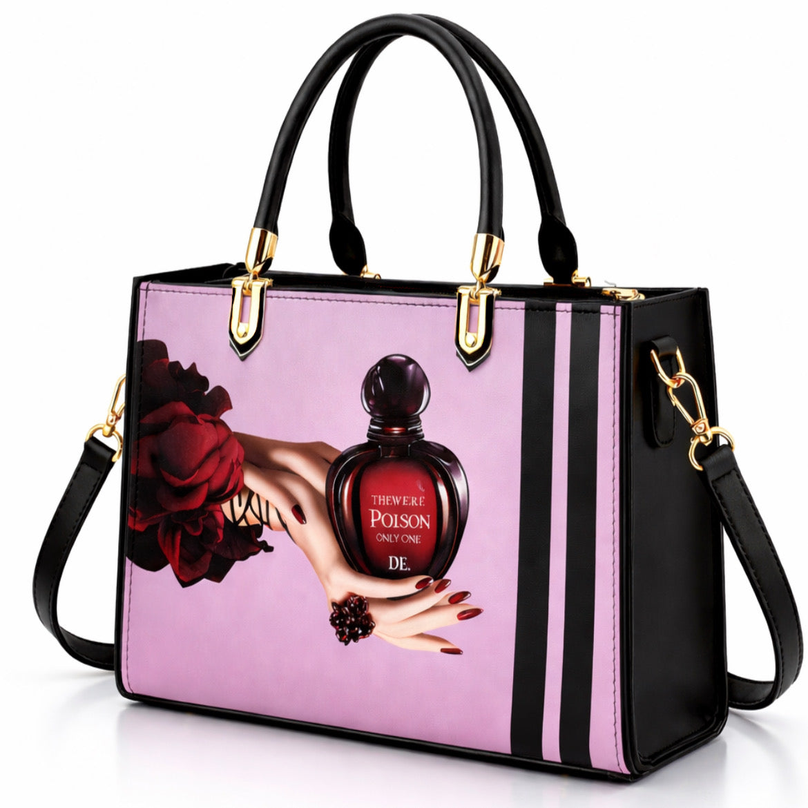 Black and Pink Handbag with Vintage Perfume Design – A Fashionable Statement Piece