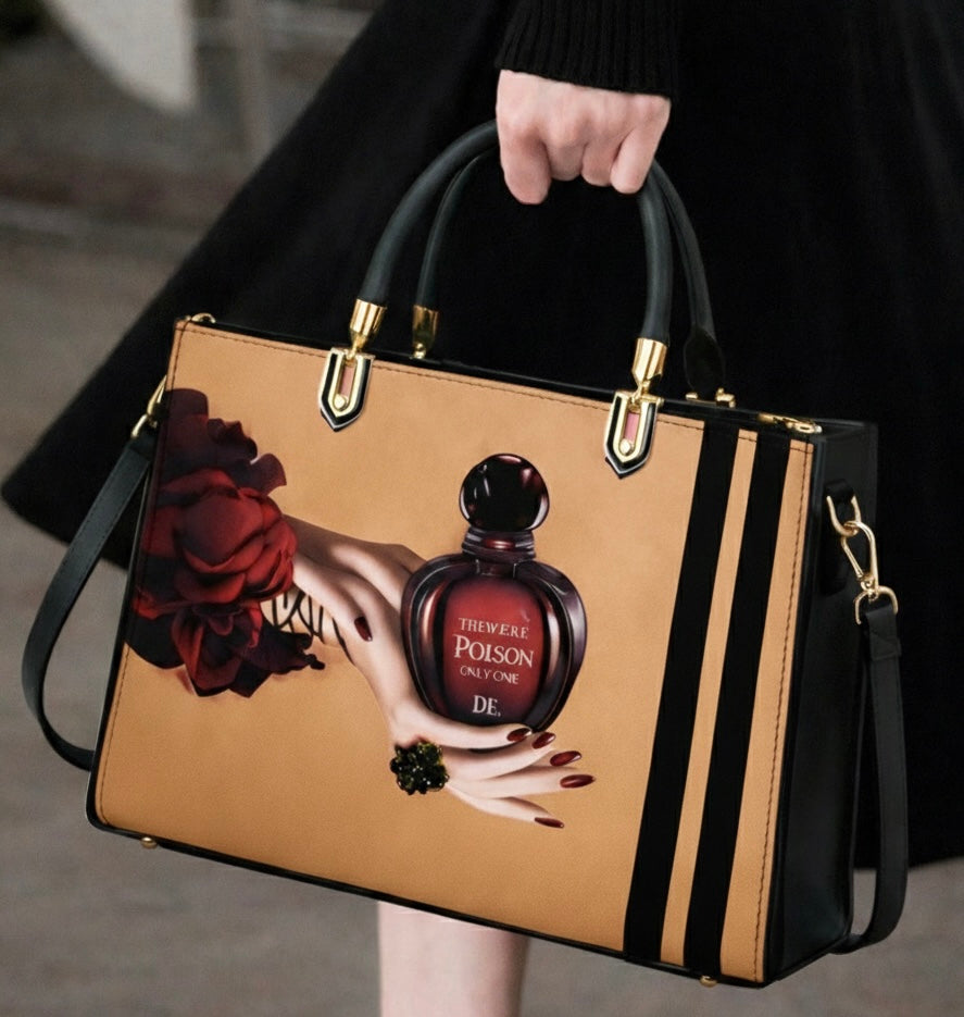 Black and Pink Handbag with Vintage Perfume Design – A Fashionable Statement Piece