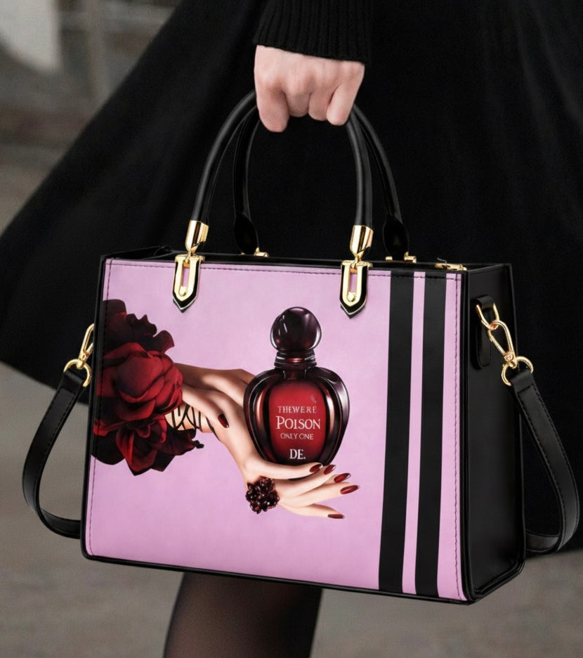 Black and Pink Handbag with Vintage Perfume Design – A Fashionable Statement Piece