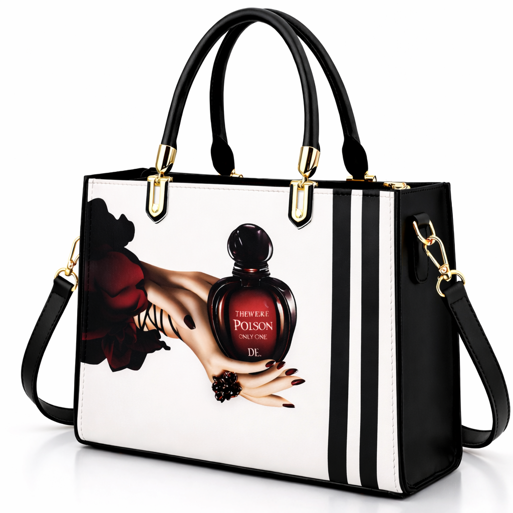 Black and Pink Handbag with Vintage Perfume Design – A Fashionable Statement Piece