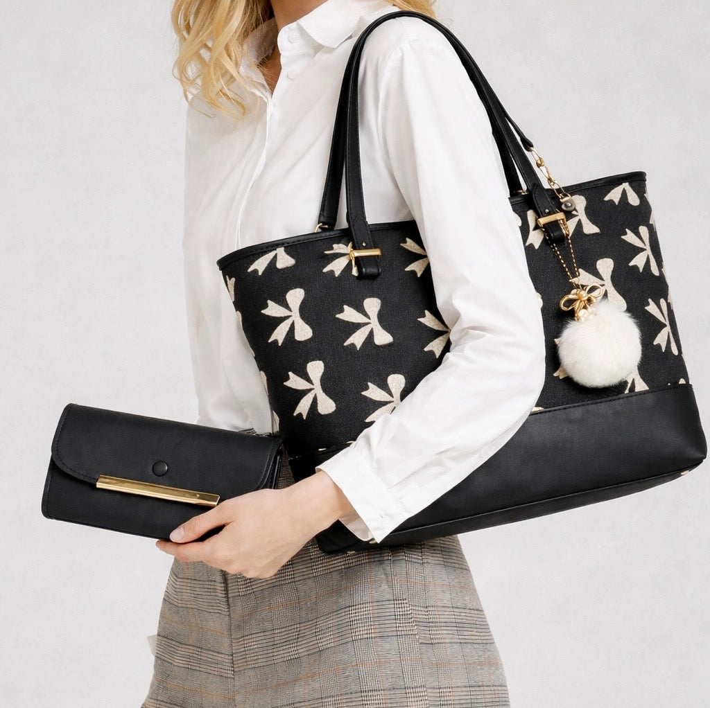 Chic Tote Bag with Bow Pattern & Stylish Gold Accents - Two-Piece Set