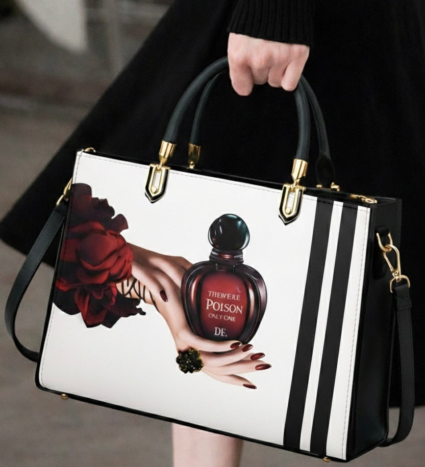Black and Pink Handbag with Vintage Perfume Design – A Fashionable Statement Piece