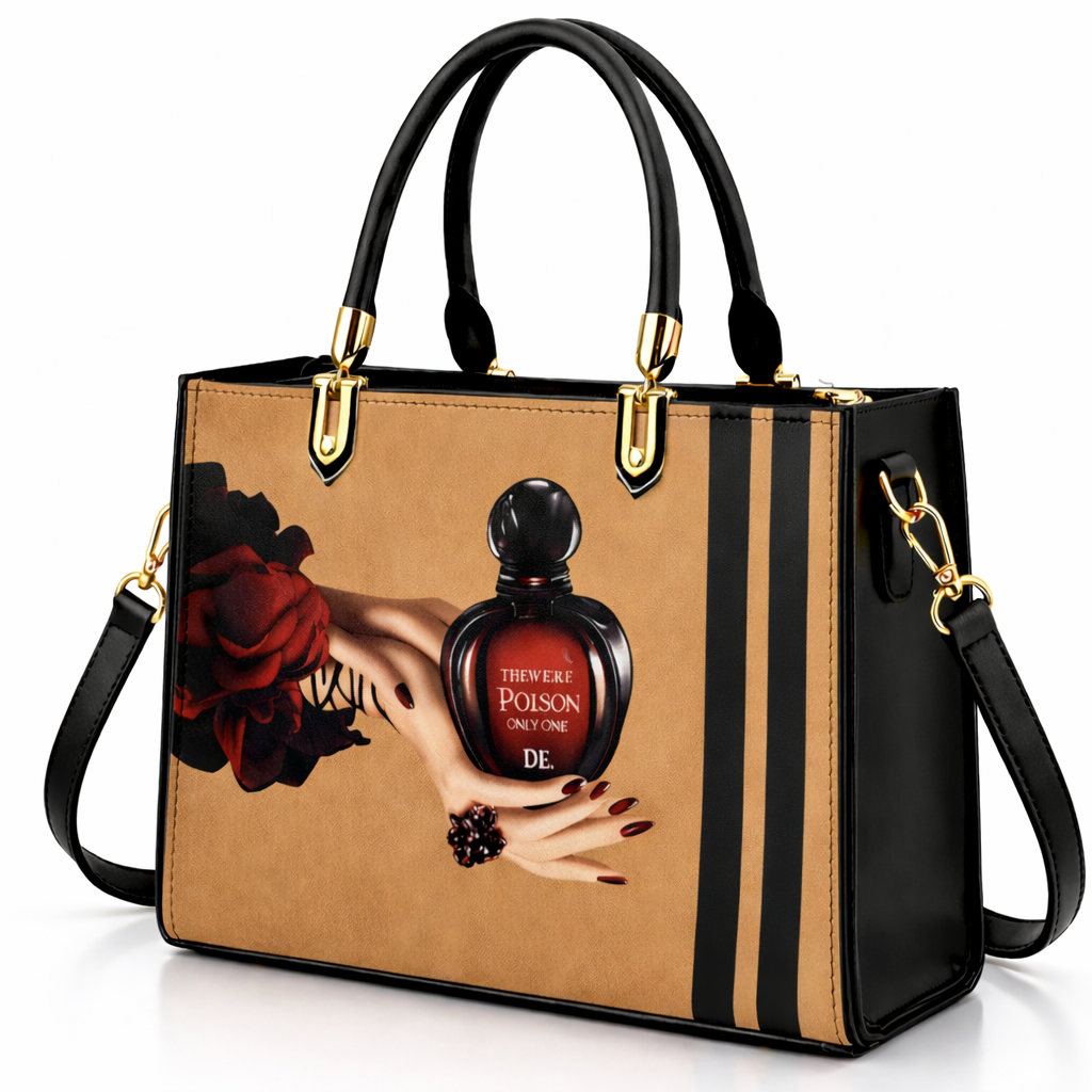 Black and Pink Handbag with Vintage Perfume Design – A Fashionable Statement Piece