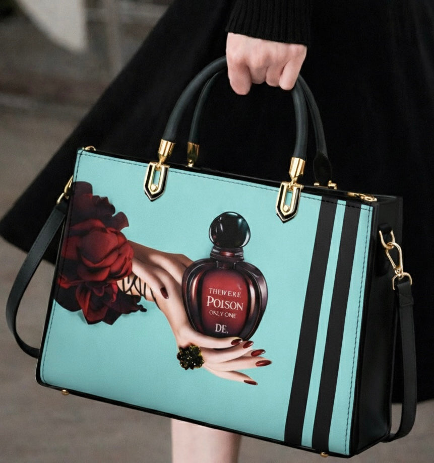 Black and Pink Handbag with Vintage Perfume Design – A Fashionable Statement Piece