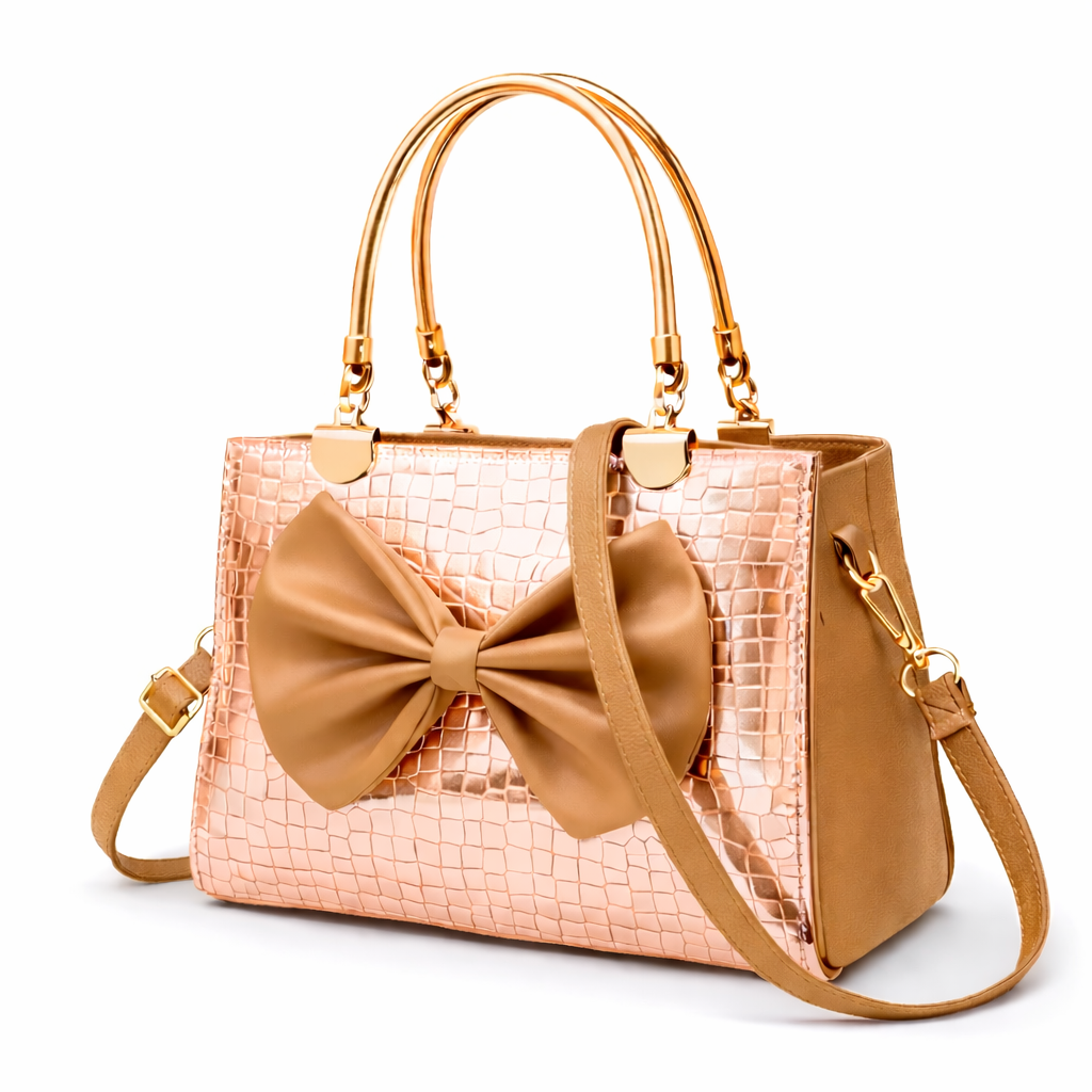 Elegant Silver Bow Handbag with Gold Accents – Perfect for Every Occasion