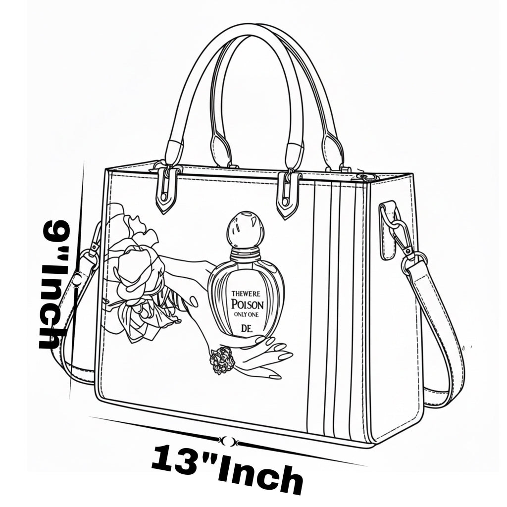 Black and Pink Handbag with Vintage Perfume Design – A Fashionable Statement Piece