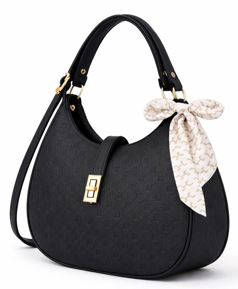 Elegant Moon Bag with Golden Accents and Stylish Scarf – The Ultimate Fashion Accessory