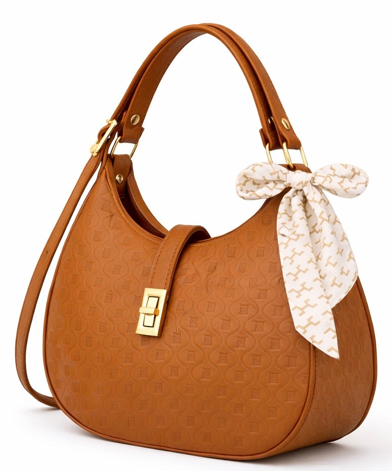 Elegant Moon Bag with Golden Accents and Stylish Scarf – The Ultimate Fashion Accessory