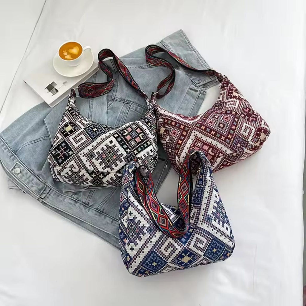 Stylish Trendy Ethnic Print Canvas Shoulder Bag with Adjustable Strap