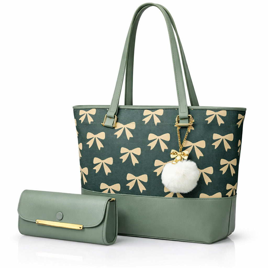 Chic Tote Bag with Bow Pattern & Stylish Gold Accents - Two-Piece Set