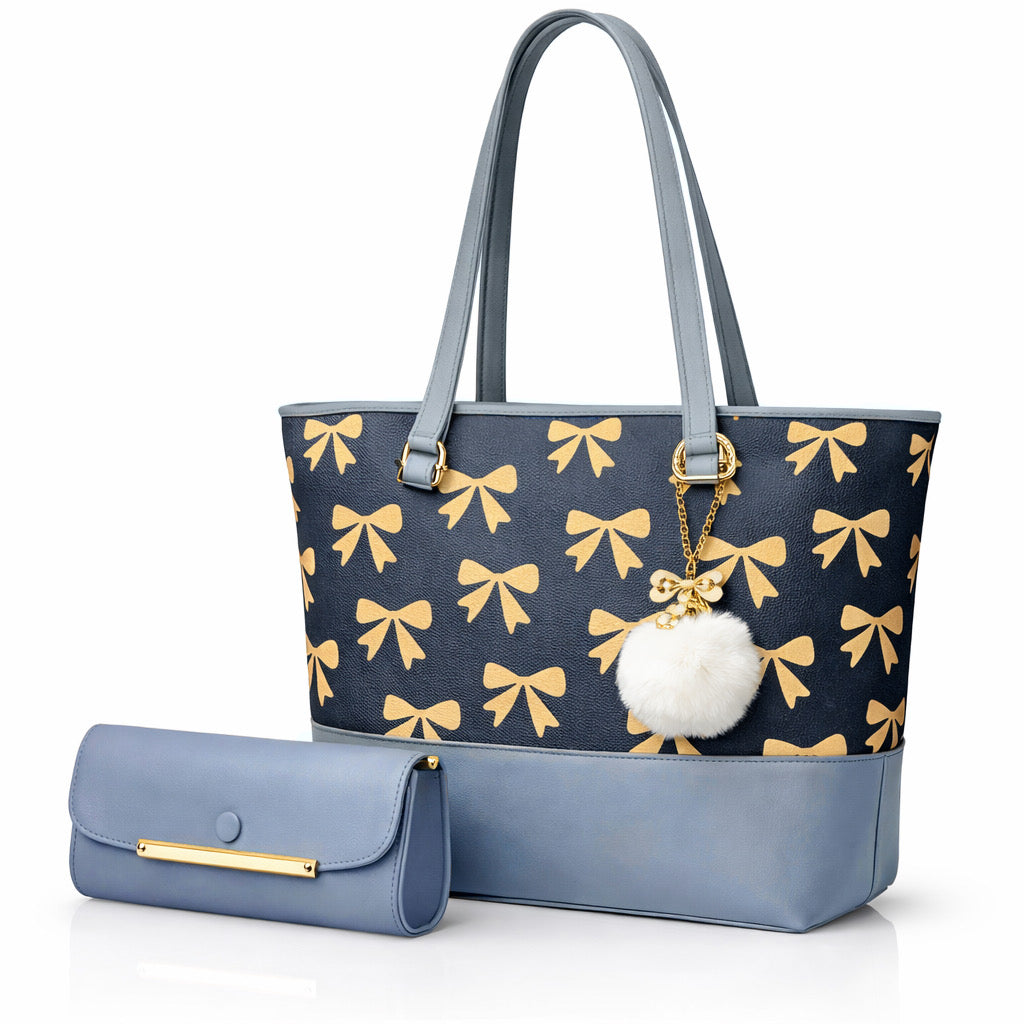Chic Tote Bag with Bow Pattern & Stylish Gold Accents - Two-Piece Set
