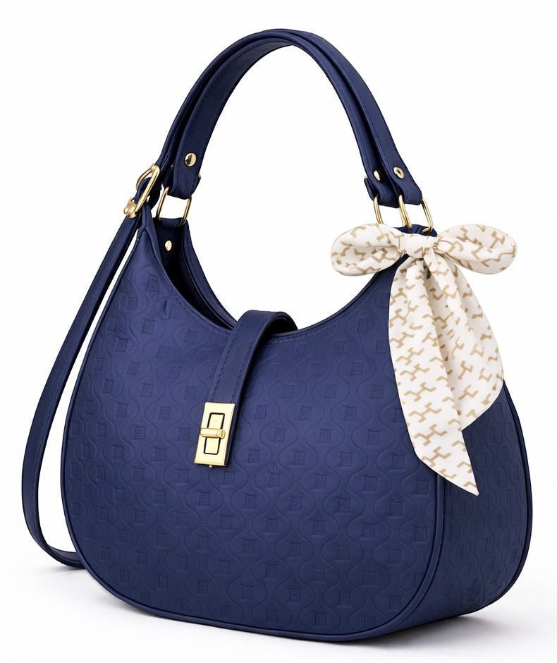 Elegant Moon Bag with Golden Accents and Stylish Scarf – The Ultimate Fashion Accessory